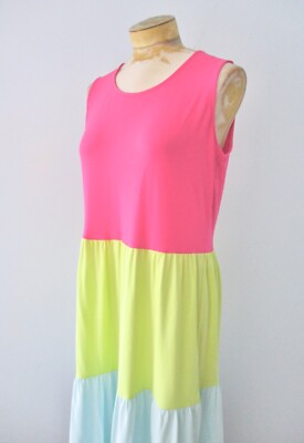 lands end knit maxi dress EUC Pink Green Blue Colorblock Tank Tencel M 10 - 12 Tiered dress