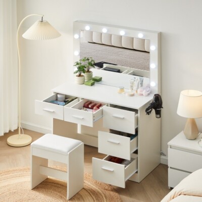 Schminktisch mit LED-Leuchten Spiegel Eitelkeit Make up Schreibtisch W/Sockets