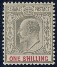 BAHAMAS 1907, SC 41a, MLH 1/- Brnsh Gray and Carmine var scv$28.00  *Bay Stamps*