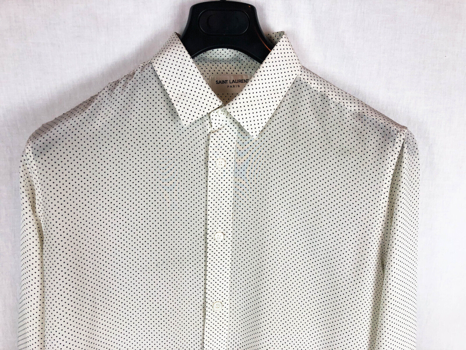 SAINT LAURENT PARIS Micro Polka Dot Shirt White Black Medium 40 15 3/4 New  Silk