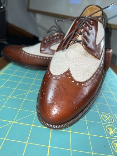 Johnston & Murphy👞Sz 9.5D Men Brown/Cream Lthr/Canvas Two-Tone Wingtip Brogue - Picture 4 of 24
