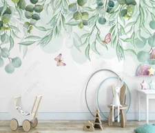 3D Plant Butterfly Hand Drawn Self-adhesive Removeable Wallpaper Wall Mural