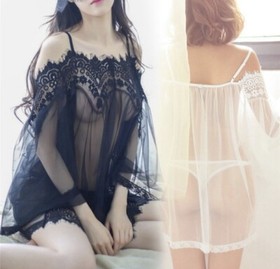 Sexy Lingerie Women Lace Dress Babydoll Nightdress Nightgown Sleepwear Thong Set