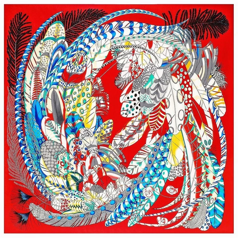 Juego de 1 pieza de bufandas cuadradas de seda con estampado de plumas chal pañuelo accesorios para mujer Foto 3 de 4