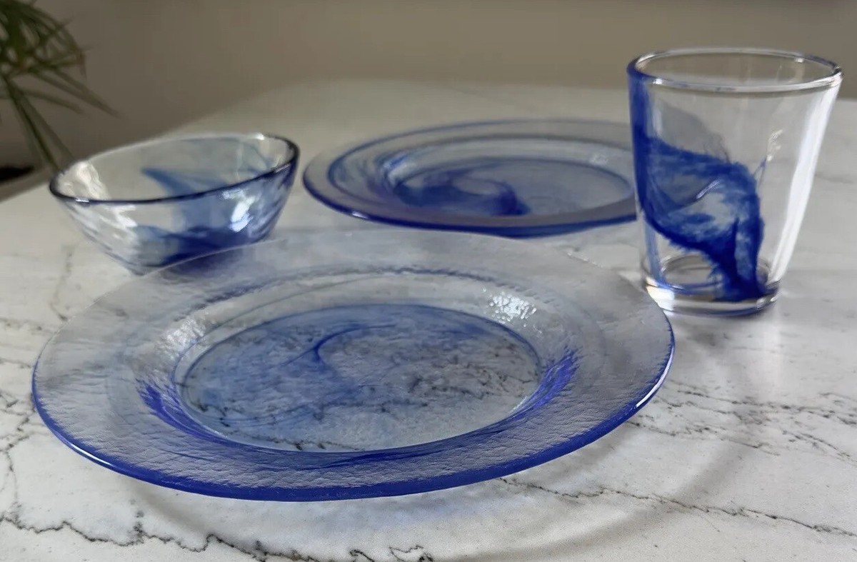 Vintage Blue And Clear Swirl Glass 2 Plates, 1 Bowl And 1 Glass | eBay