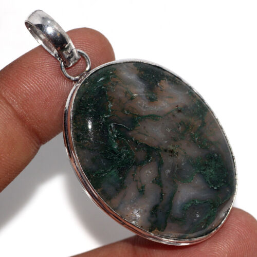 925 Silver Plated Moss Agate Ethnic Pendant Handmade Jewelry Size 2" JW