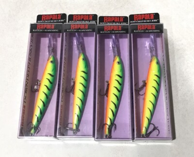 (LOT OF 4) RAPALA HUSKY JERK  DHJ-10 DHJ10 SUSPENDING 3/8oz. FIRETIGER NIP NEW