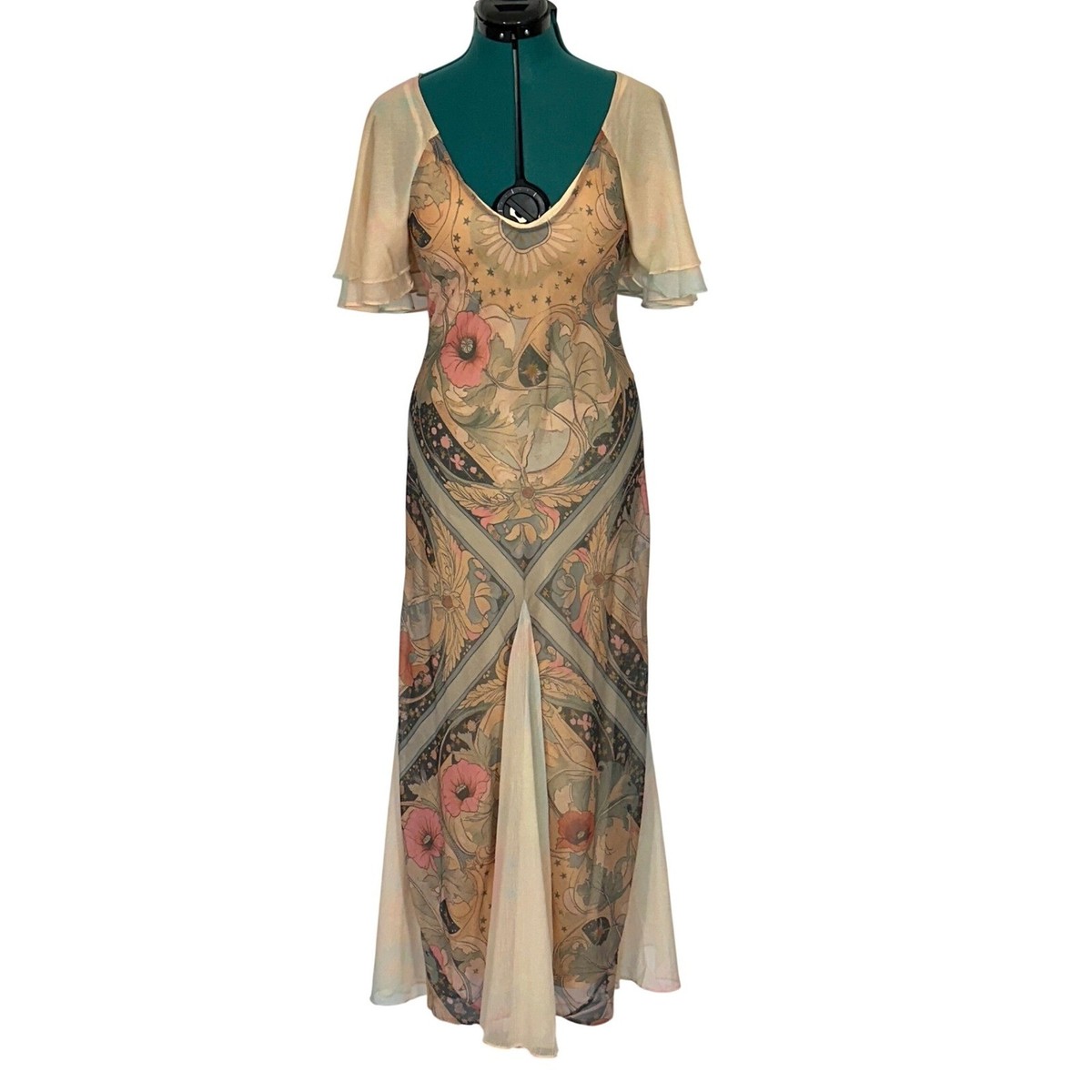 Free People Art Nouveau Celestial Nights Maxi Dress Flutter Sleeve XS  OB2389878 | eBay
