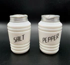 Hazel Atlas Milk Glass Beehive Salt & Pepper Range Shakers W/ Black Script Vtg
