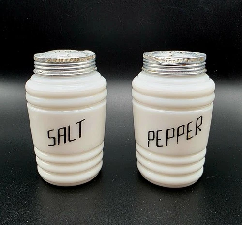 Hazel Atlas Milk Glass Beehive Salt & Pepper Range Shakers W/ Black Script Vtg