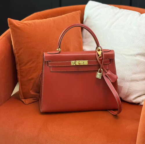 Auth Hermès Kelly28 Box Calf Rouge H H4 Leather Handbag GHW Gold Hardware