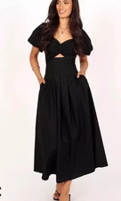 Petal And Pup Womens Black Maria Puff Sleeve Midi Dress, Size Small 