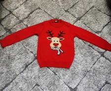 Kids Size 5 Christmas Sweater - Reindeer w/ Red Nose and Scarf Red Knit Pullover