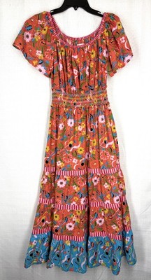 Printfresh Dress Maxi M Penciled In Peach Cobbler Floral Guitar Print Cotton