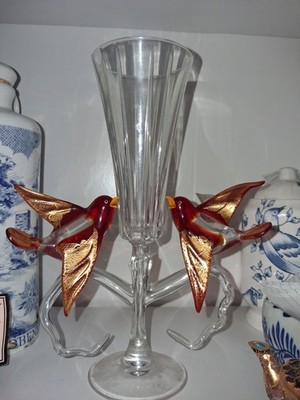 Murano Art Glass Double Bird Champagne Flute   Red & Gold Leaf Accents