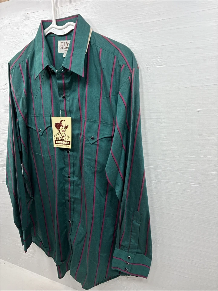 Nuevo Hombre ELY Cattleman Verde Rosa Tira Manga Larga Perla Snap 16 X 34 XL H-83 Foto 3 de 4