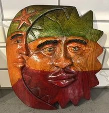 Wooden Wood Sun & Moon Mask Hand Carved Multicolored Plaque Figure