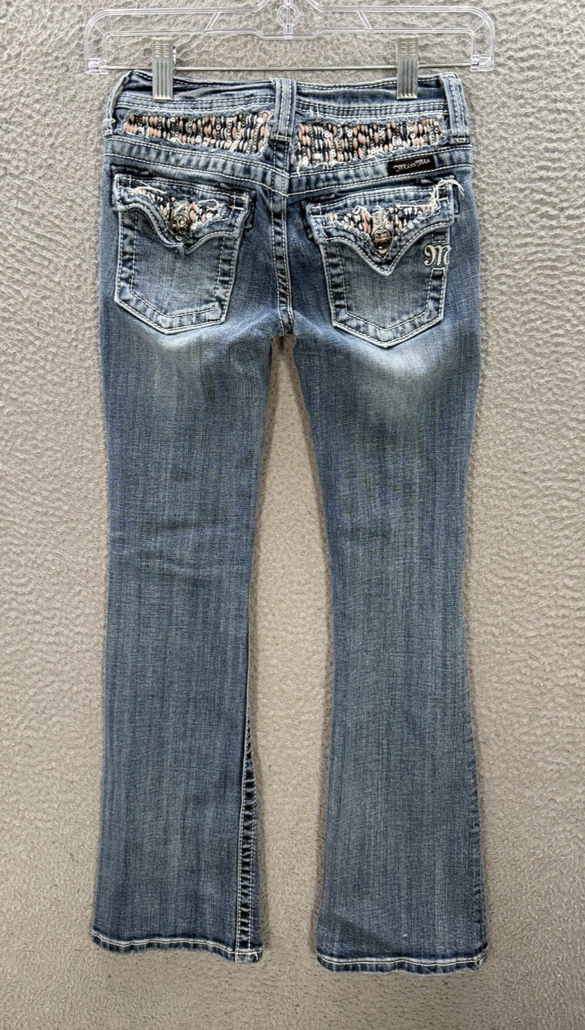 Girls 10 Blue Boot Thick Stitch Flap Pocket Distressed Embel