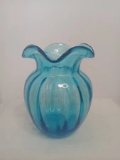Vintage MCM Hand Blown Rainbow Art Glass Blue Paneled Ruffled Vase USA 1960s