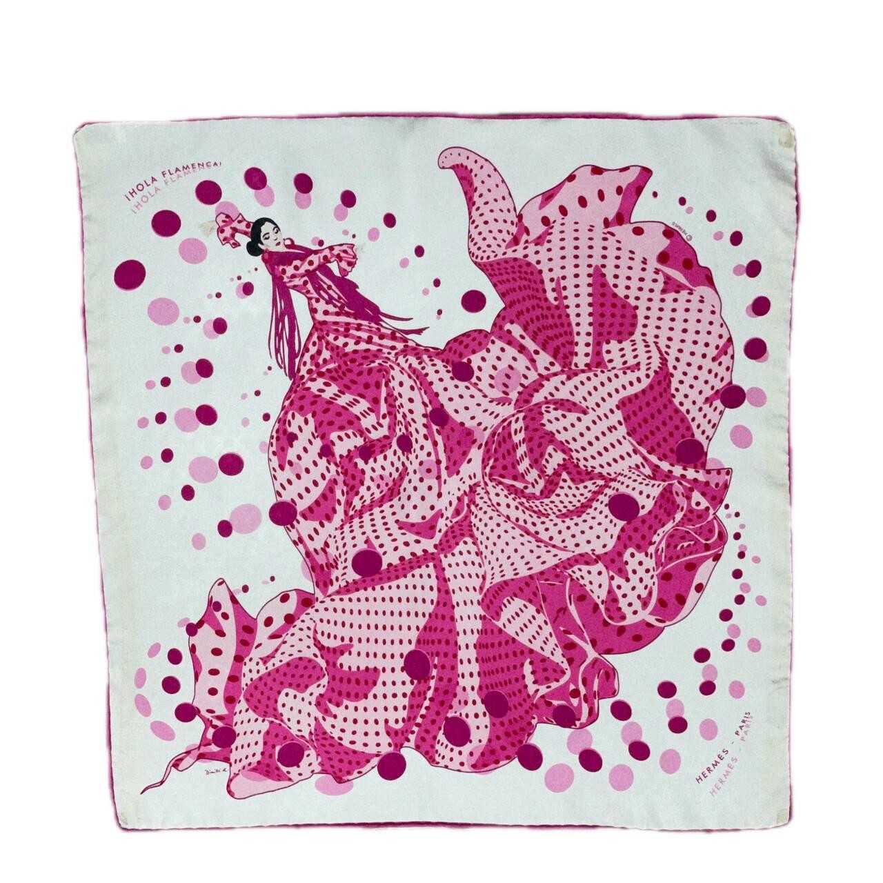Hermes Carre 45 Silk Scarf Pink White Damier Pattern Preowned with Stains