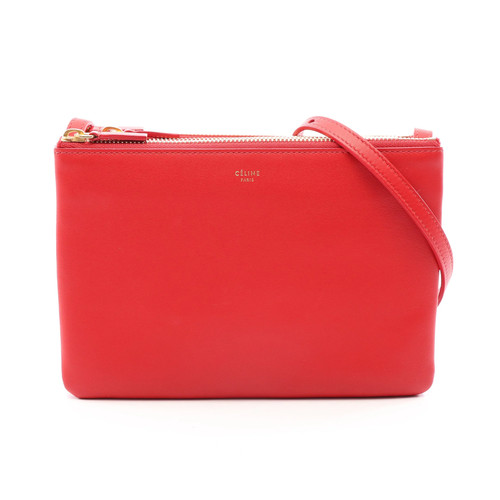 Celine TRIO SMALL Leather Crossbody Bag Red Used Authentic