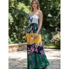 Strapless Multi-Color Floral Tiered Maxi Dress Size Small