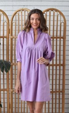 Never A Wallflower Poplin High Neck Mini Dress Sz XS Lavender Cotton Puff Sleeve