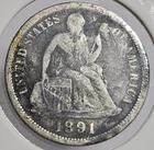1891-O Seated Liberty Dime, USA 10c Silver Coin, Good G Condition, FREE SHIPPING