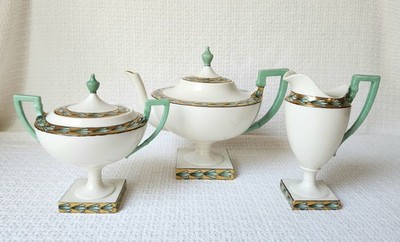 Antique Lenox Belleek China Tea Pot Sugar & Creamer Hand Painted Gold/Mint Green