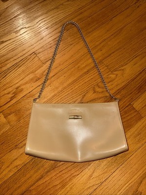 Longchamp Roseau Leather Chain Clutch Shoulder Bag Beige-Brushed Silver Toggle