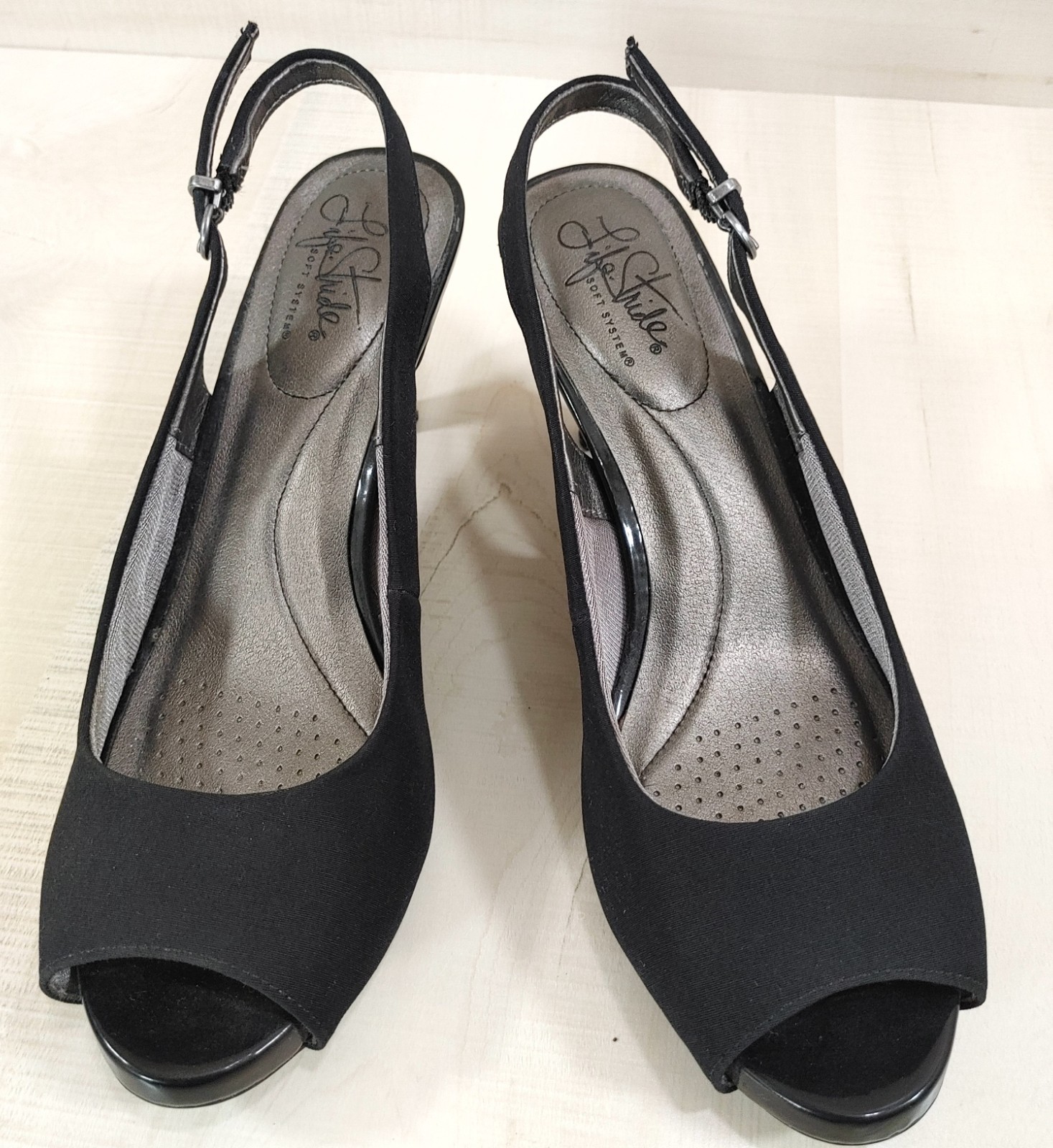 LifeStride Teller Slingback Peep-Toe Pump in Black Fabric -Women's Size 9.5M