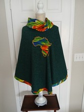 African Tribal Green Poncho One Size Boho Artsy Unique Cozy Colorful Hippie