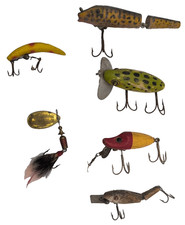 Vintage Fishing Lure Lot Heddon River Runt Jitterbug Frog Flatfish F7 Mepps