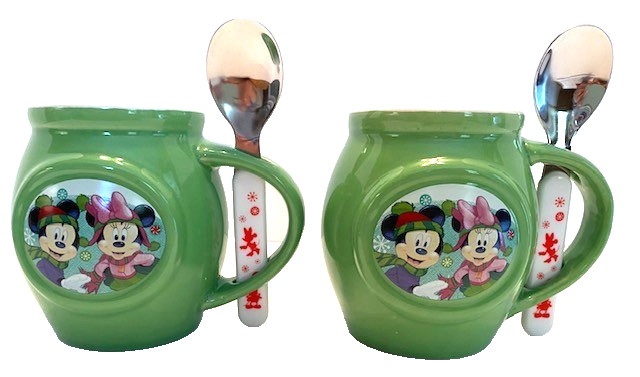 Set-2 Disney 2016 Green Mickey/Minnie Mouse Winter/Holiday Hot Cocoa Mugs/Spoons