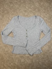 Grey Cotton Long Sleeve Sweetheart Tee Top Half Button Down Cute Size SMALL Y2K