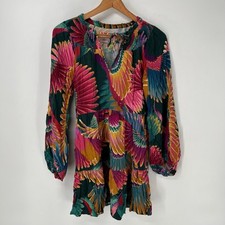 FARM Rio Dress Womens Small Multicolor Printed Mini Long Sleeve Tie Front