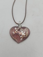 Art Glass Pendant Necklace Pink W/ Silver Fleck Heart Brown Cord Love Valentine