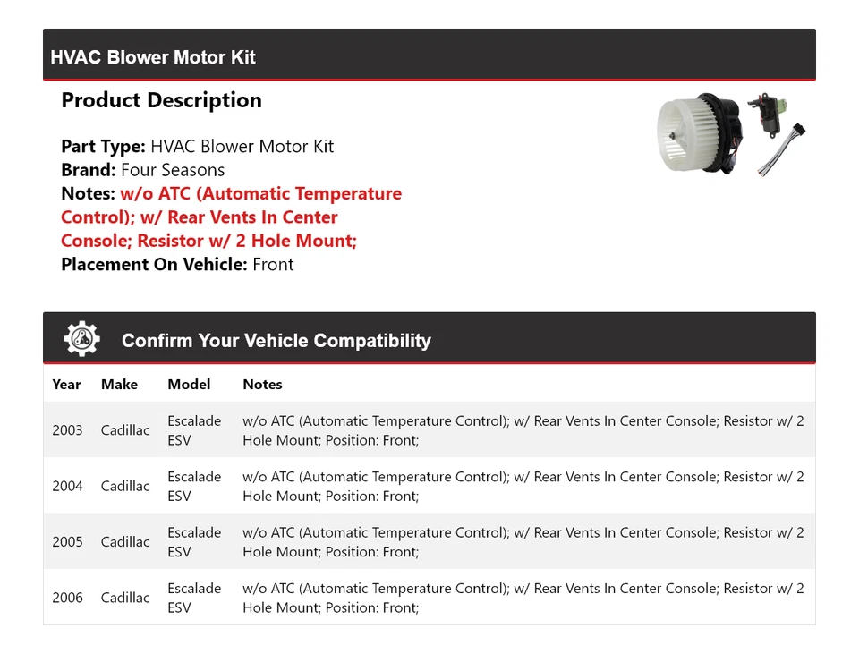 Комплект переднего двигателя вентилятора 4 сезона 2004 для Cadillac Escalade ESV HVAC 2003-2006 годов выпуска - Изображение 2 из 4