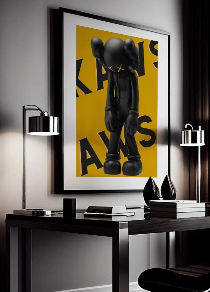 Juego de 3 piezas de arte Kaws negras y amarillas lienzo arte de pared decoración del hogar Foto 2 de 4