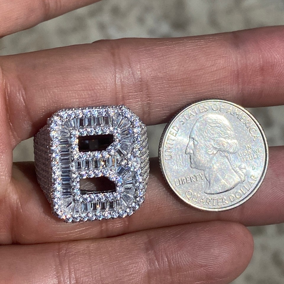 925 Sterling Silver Initial Block Letters Iced Baguette Flooded Out CZ ...
