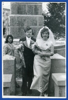 Wedding, Young Bride Groom, Flowers Celebration Soviet People USSR Vintage Photo