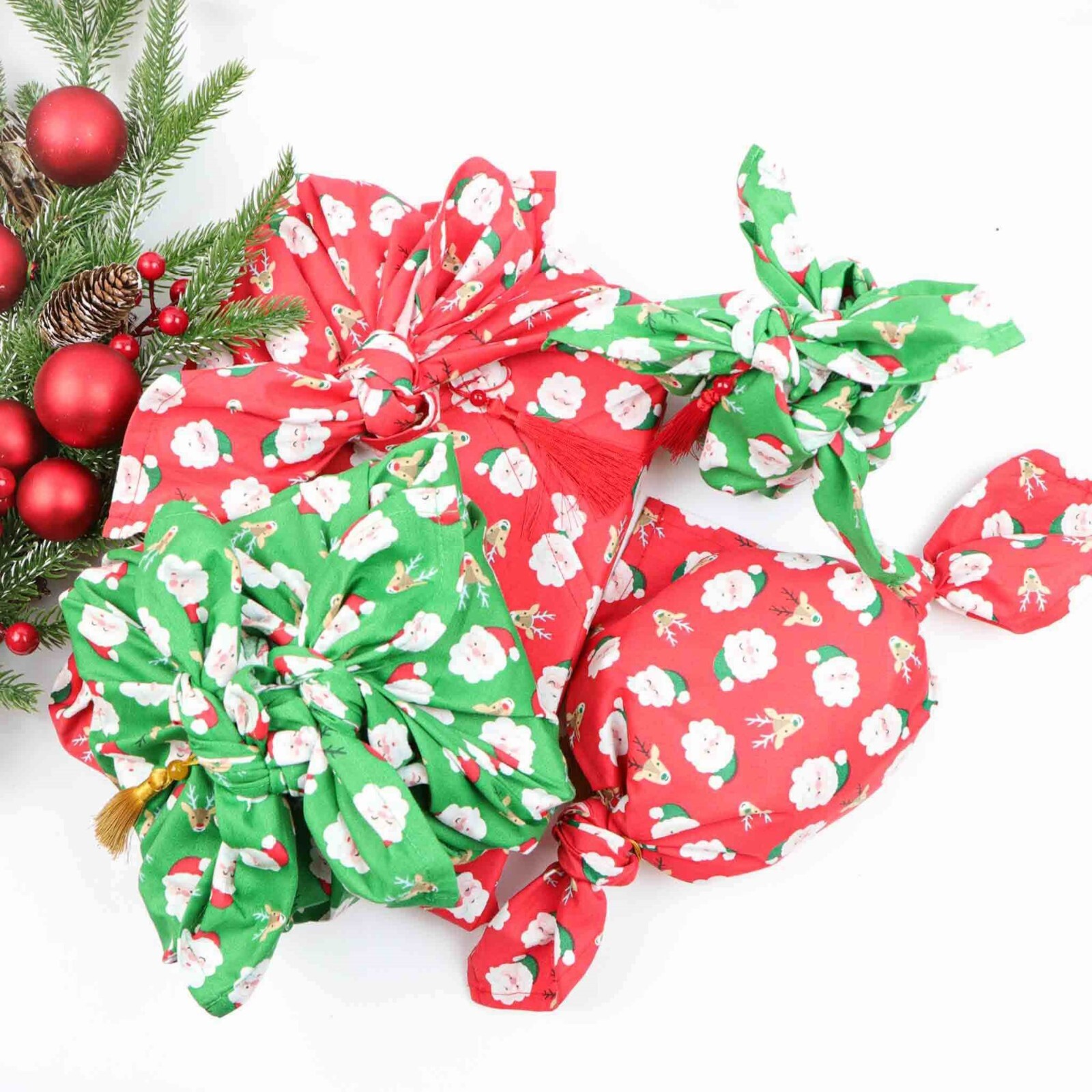 Furoshiki Christmas Gift Wrapping Set 4pcs inc tassels Reusable Cotton
