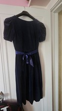 NICE! Lanz Vintage Blue Velvet Dress Size 7/8 Satin Look Belt Side Pockets