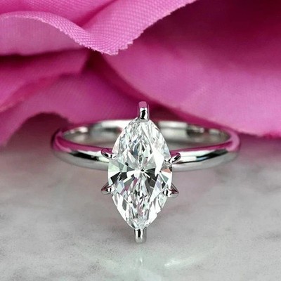 3Ct Marquise Cut Moissanite Solitaire Wedding Ring 14K White Gold Plated Silver