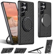 For Samsung Galaxy S25 Ultra S24 S23 S22 Carbon Fiber Rotate Stand Case Magnetic