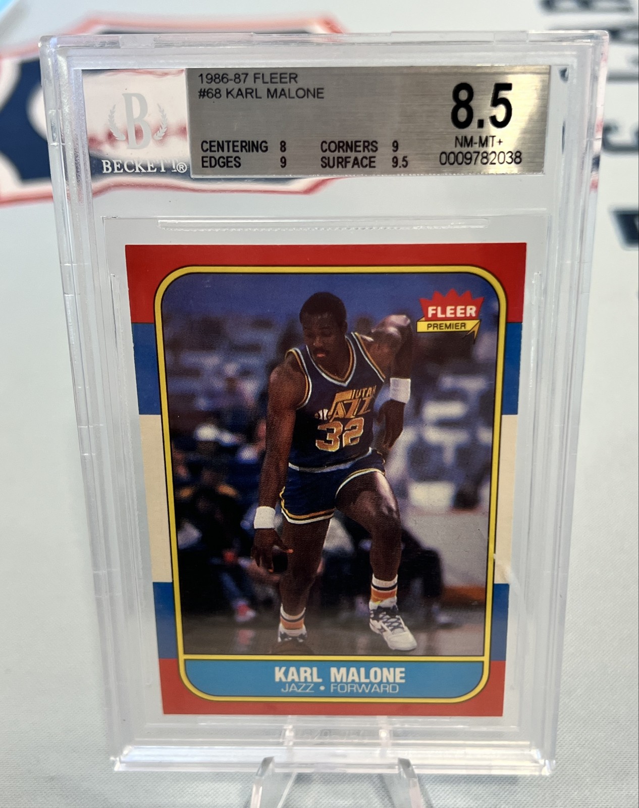 1986-87 Fleer Karl Malone #68 (RC) BGS 8.5 NM-MT+