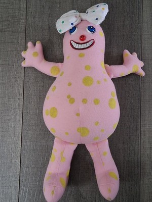 Vintage Mrs Blobby Plüsch Noel's House Party 14 Zoll rosa grüne Punkte Haarschleife selten