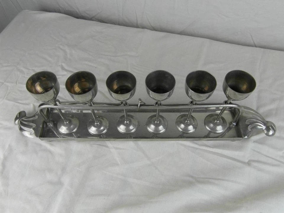 Tablett 6 Becher Messing Etagere Jugendstil Vernickelt Klappbar Tresor Rar o15b1 - Bild 2 von 4