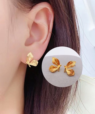 18K Real Gold Dainty Butterfly Earrings Studs Trendy Women Bow earrings Gift