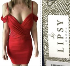 Lipsy Red Bodycon Dress 10 Lace Party Wedding Occasion Evening Cold Shoulder